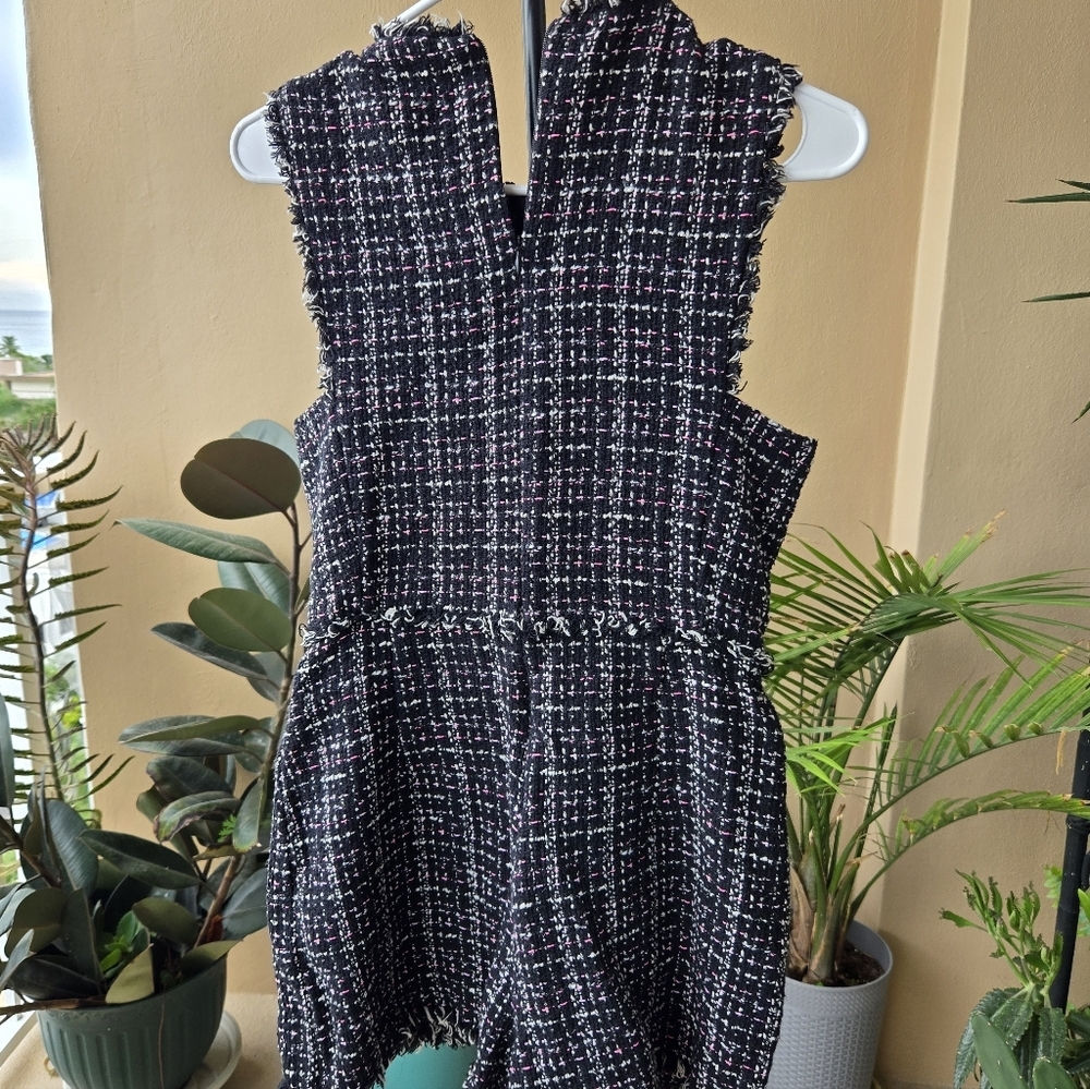 ZARA Tweed Romper Black Pink White Frayed Trim Size M